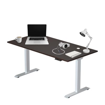 Progressive Desk Electric Compact Stand Up Office Home Desk Table, White Frame, Roasted Walnut MDF Tabletop, White Round Grommet Prime Ryzer 60" x 30"