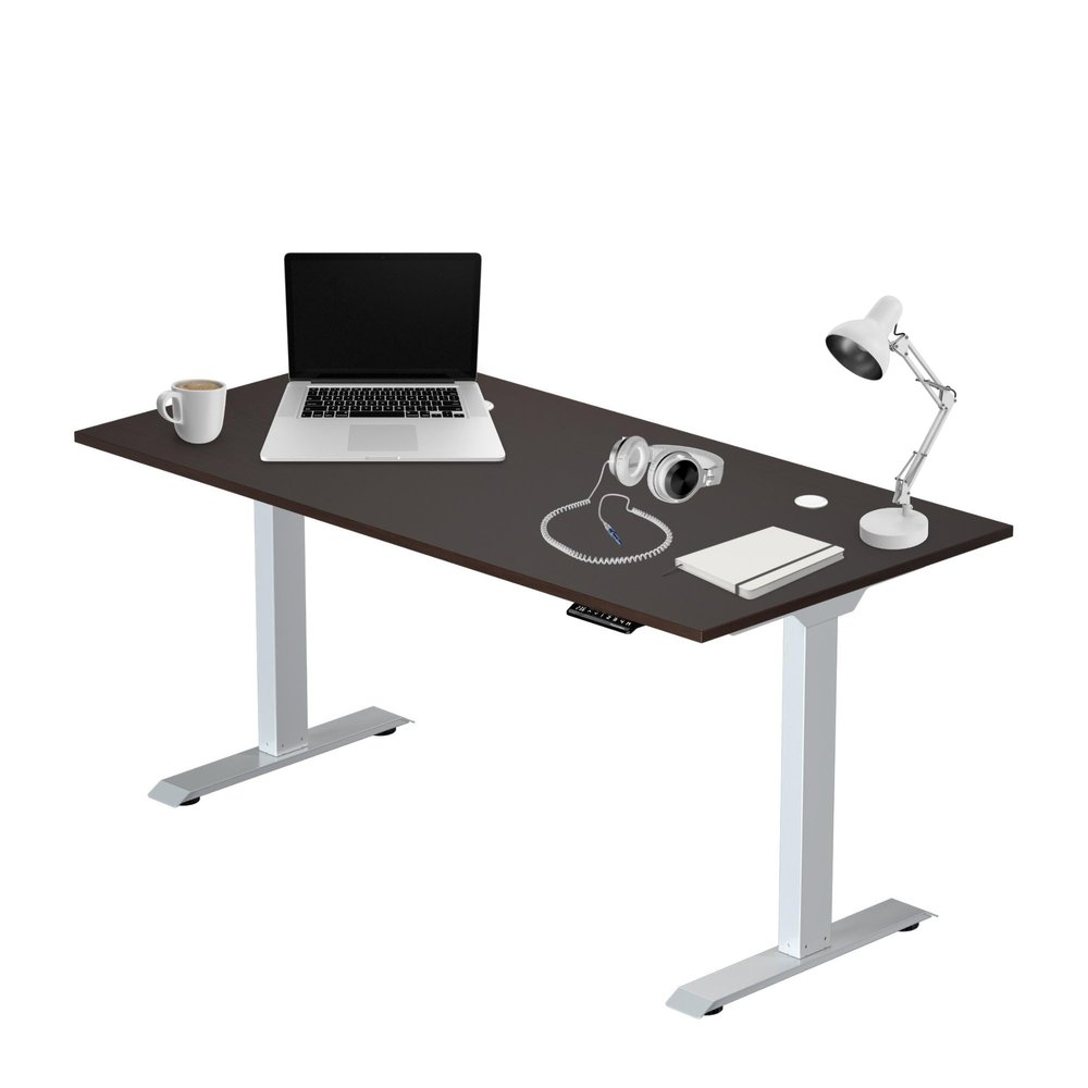 Progressive Desk Electric Compact Stand Up Office Home Desk Table, White Frame, Roasted Walnut MDF Tabletop, White Round Grommet Prime Ryzer 60" x 30"