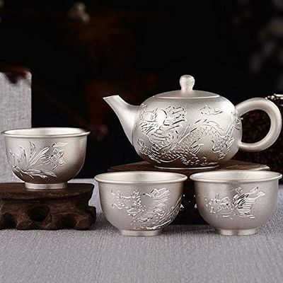 FKHFTI Teapot 4pcs Set Pot Pure Tea Set Shishi Pot Household Small Teapot 999 Sterling Kettle Teapot