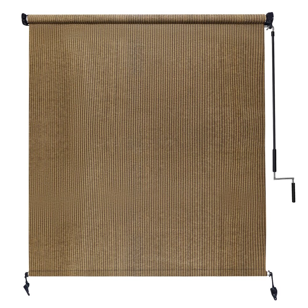 Amagenix Outdoor Roller Shade 7'(W) X 8'(H), Exterior Cordless Patio Shades Roll Up Outdoor Blinds with 90% UV Protection, Two-Section Poles with One-Piece Fabric, Coffee Brown