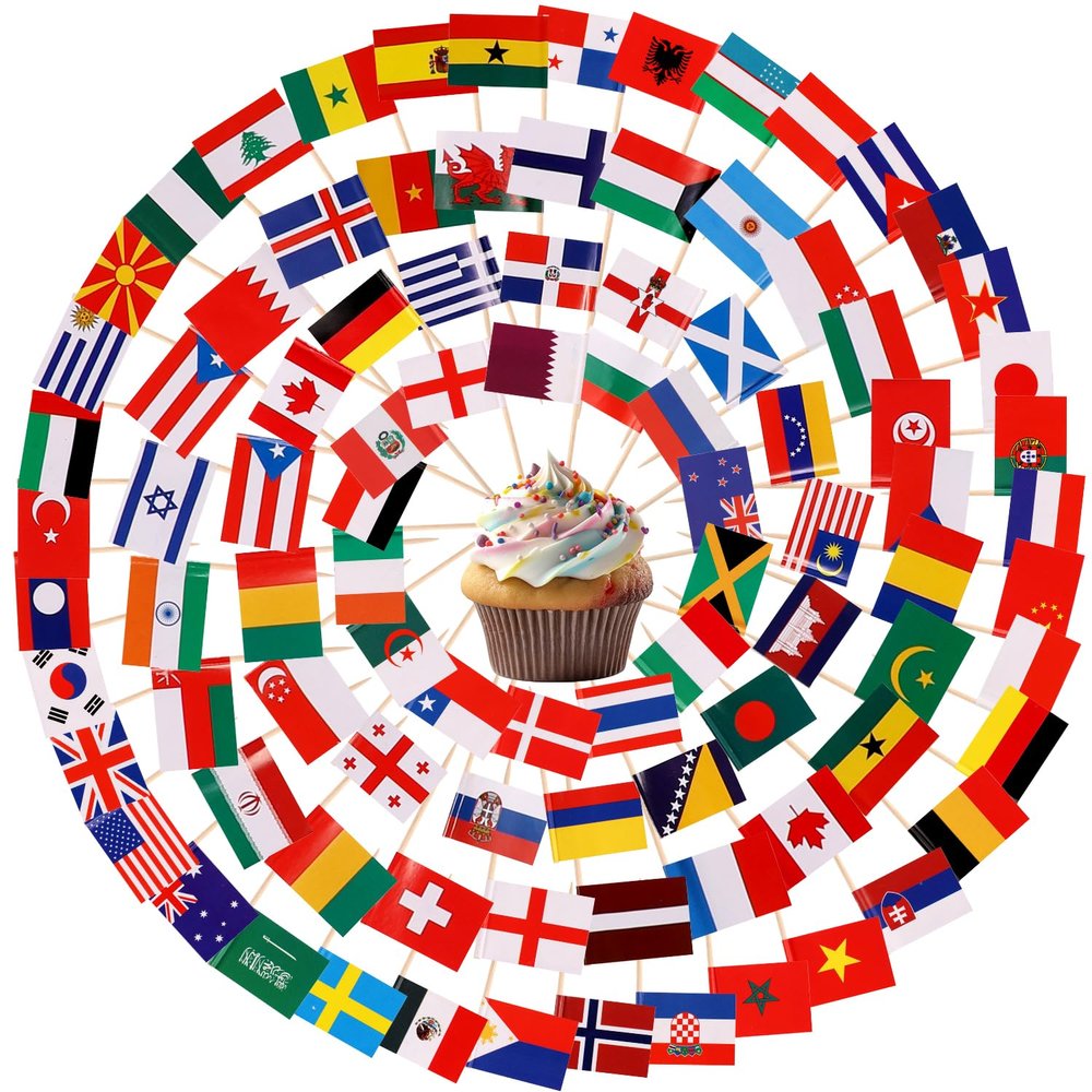200pcs Mini Countries Toothpick Flags, Mini Flags on Sticks with 100 Different Nations Double Sided World Countries Cupcake Toppers for Cupcake Dishes Fruit Platter Decoration