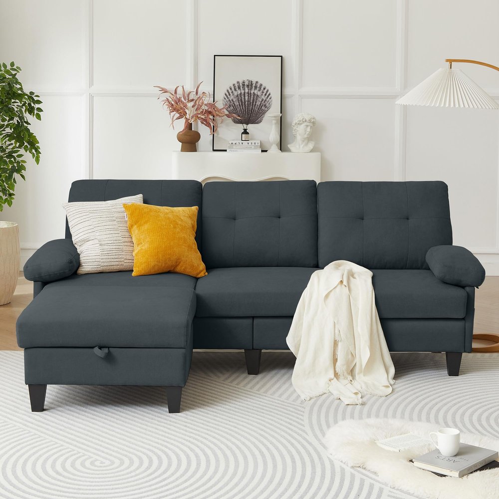 Soscana Sectional Sofa for Living Room, 84" Small L Shaped 3 Seater Couch with Reversible Chaise Polyster Fabre for Apartment Small Space, Dark Grey