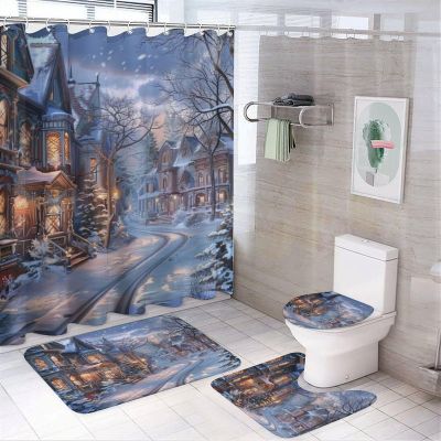 TOWINSFB 4Pcs Christmas Village Scenery Shower Curtain Set with Toilet Lid Cover Non-Slip Rugs for Bathroom, Town Tree Path Shower Curtain Bathroom Sets with Hooks, 72x72 Inch