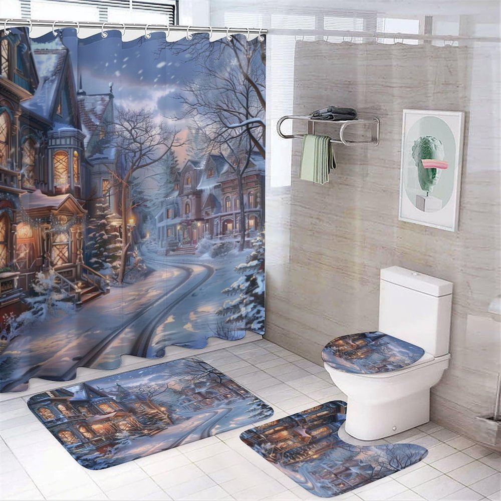 TOWINSFB 4Pcs Christmas Village Scenery Shower Curtain Set with Toilet Lid Cover Non-Slip Rugs for Bathroom, Town Tree Path Shower Curtain Bathroom Sets with Hooks, 72x72 Inch
