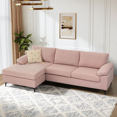 weaxty W 100" 3-Seat Sectional Sofa,L Shaped Couch with Reversible Chaise,Corduroy Cloud Couch for Living Room(Pink, Narrow Stripes)