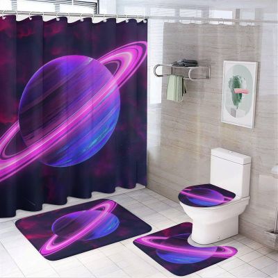 TOWINSFB 4Pcs Purple Planet Starry Sky Shower Curtain Set with Toilet Lid Cover Non-Slip Rugs for Bathroom, Fantasy Outer Space Scenery Shower Curtain Bathroom Sets with Hooks, 72x72 Inch