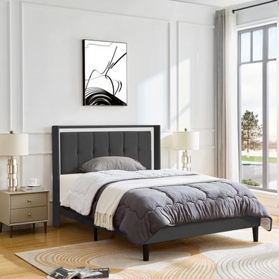 Full Size Upholstered Platform Bed Frame with headboard and Sturdy Wooden slats, high Load Bearing Capacity, Non Slip and noiseless, no Springs Required, Easy to Assemble, Dark Gray Bed