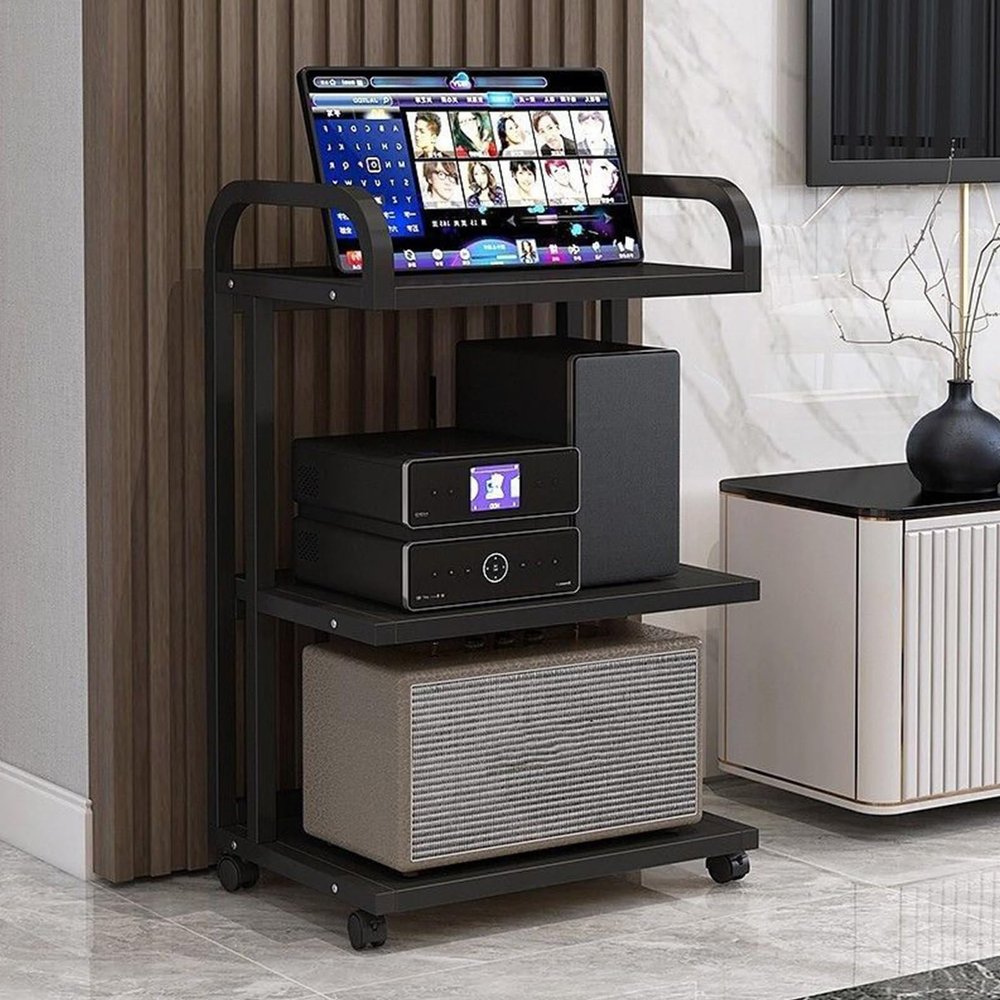 YVYKFZD 3/4-Tier AV Media Stand, Movable Audio Rack Component Cabinet, Open Stereo Cabinet Storage Wooden Shelf, Portable Multi-Function Media Storage Cabinet(Color:Black 3 Tier-19.6"X15.7"X34.6")
