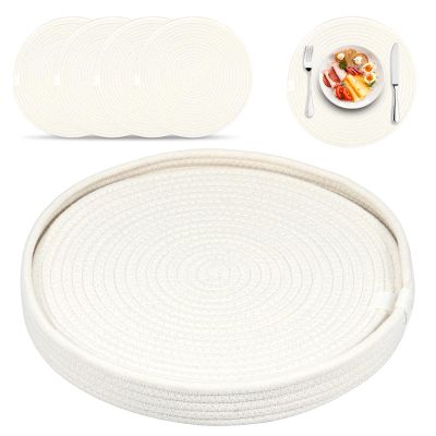 4 Pcs Wove Cotton Placemats Set with A Bowl Heat Insulated Mats Round Braided Placemats Soft Potholder Non Slip Table Mats for Dining Table Cup Dish(Beige)