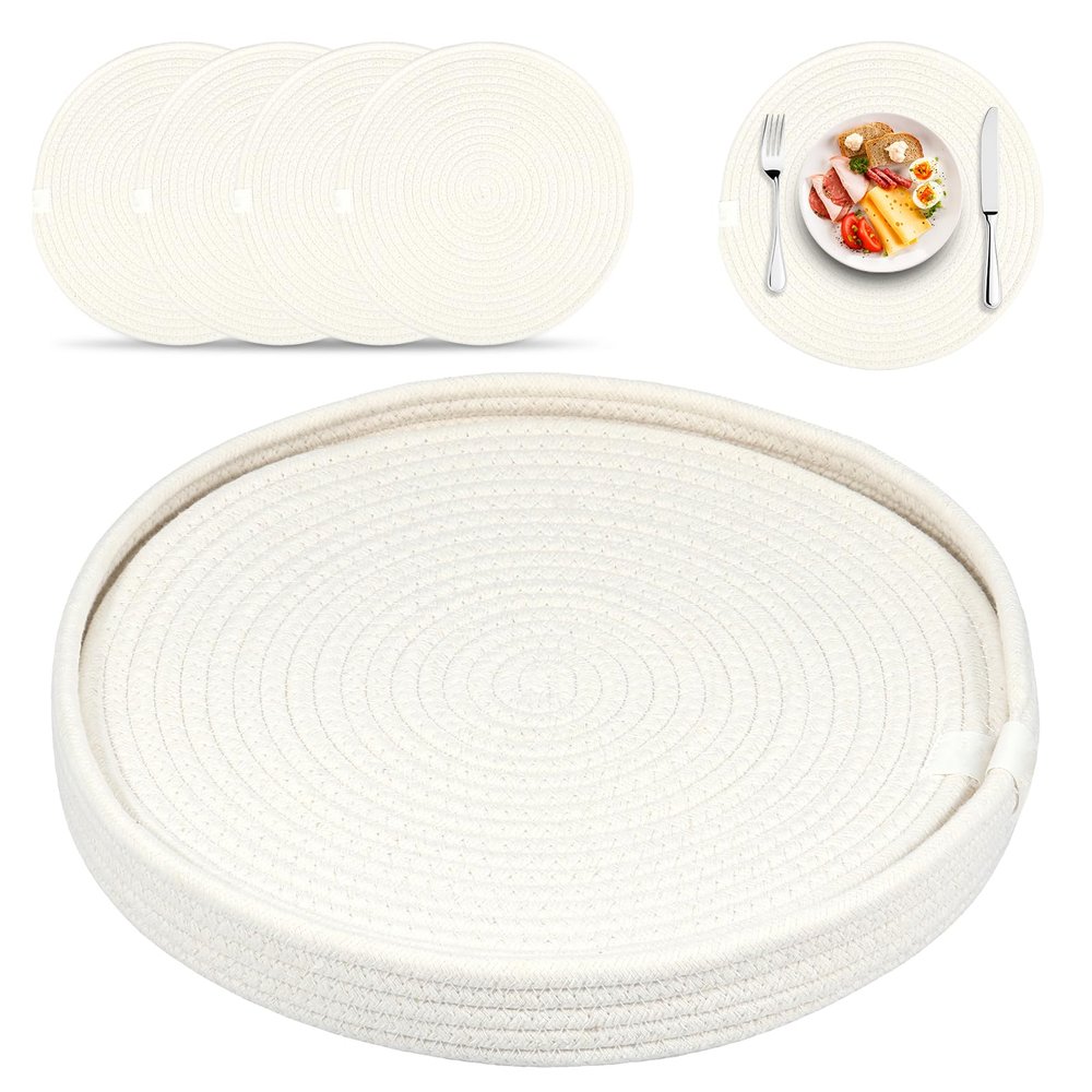 4 Pcs Wove Cotton Placemats Set with A Bowl Heat Insulated Mats Round Braided Placemats Soft Potholder Non Slip Table Mats for Dining Table Cup Dish(Beige)