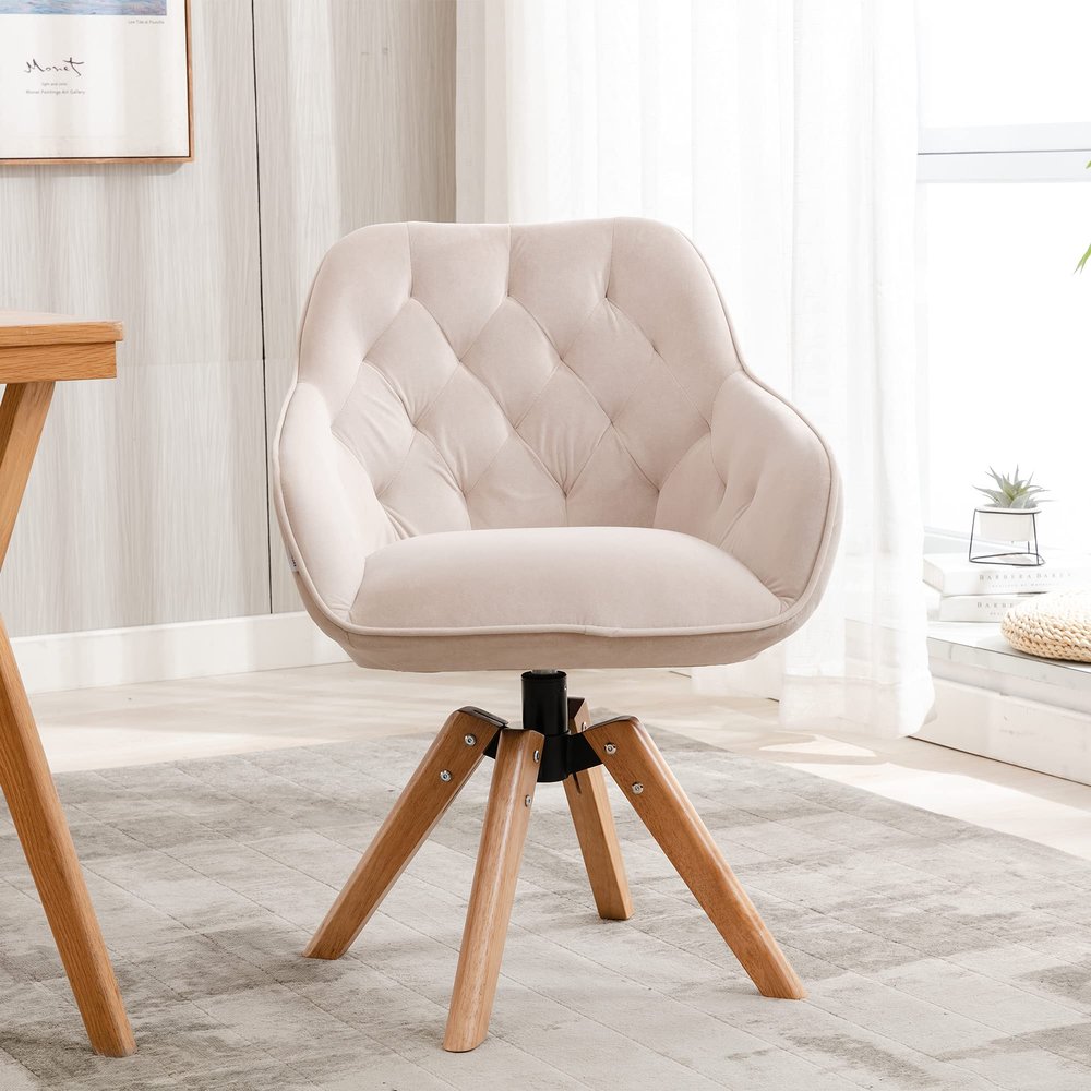 Generic Solid Wood Tufted Upholstered Armless Home Office Chair, Beige