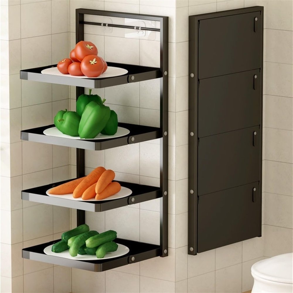 ChenTaiBB Wall-Mounted Kitchen Food Prep TraysFoldable Multilayer Food Preparation Rack, Iron Meal Prep Tray Food Tray Shelf OrganizerKitchen Serving Accessories For Holding Dishes Spices(4 layers)