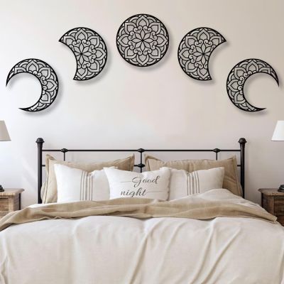 Mimiso Moon Phase Wall Decor,Moon Wall Art,Mandala Moon Decor,Phases of the Moon Wall Decor,Boho Above Bed Wall Decor,Wall Art for Bedroom,Living Room (Black, Diameter: 13.77" / 35 cm)