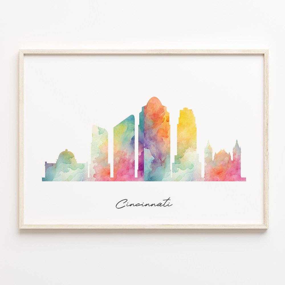 Cincinnati Skyline Print, Watercolor Cityscape, United States Wall Art Poster, Watercolour Map, City Skyline Canvas