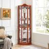 Lighted Corner Display Curio Cabinet Wooden Shelving Unit with Tempered Glass Door, Bar and Liquor Storage Area with 5 Shelves, Wine Cabinet with Curved Top Carving, Oak view 3