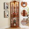 Lighted Corner Display Curio Cabinet Wooden Shelving Unit with Tempered Glass Door, Bar and Liquor Storage Area with 5 Shelves, Wine Cabinet with Curved Top Carving, Oak view 4