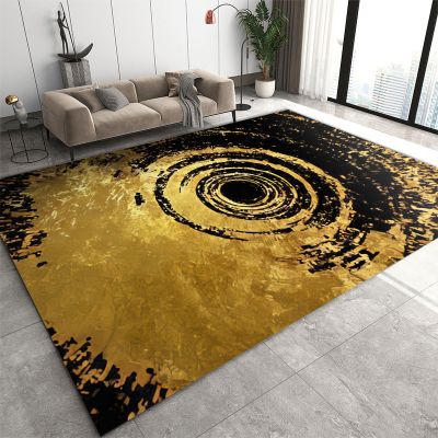 Abstract Golden Growth Rings Area Rug, Black Background Irregular Circular Pattern Non Slip Living Room Rug, Machine Washable Carpet for Bedroom Study Dining Room Decor Floor Mat - 3 ft x 4 ft