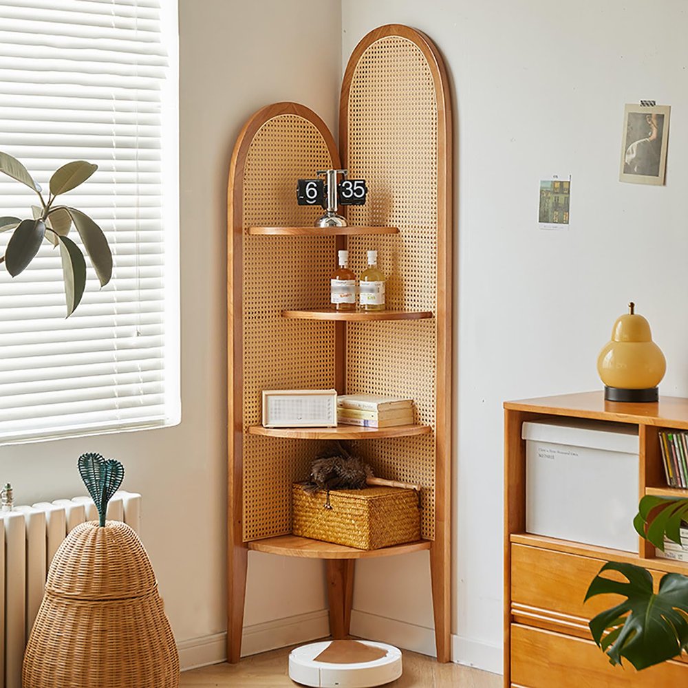 4-Tier Corner Bookshelf, Rattan & Solid Wood Bookcase with Sturdy Thickened Wooden Layers, Freestanding Storage Shelf for Living Room, Home Office, Small Space(43x43x158cm(17x17x62in), Yellow)