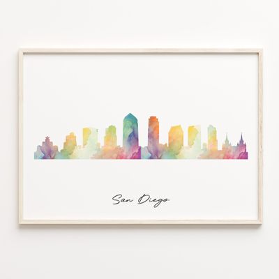 San Diego Skyline Print, Watercolor Cityscape, United States Wall Art Poster, Cityscape Minimalist Wall Art