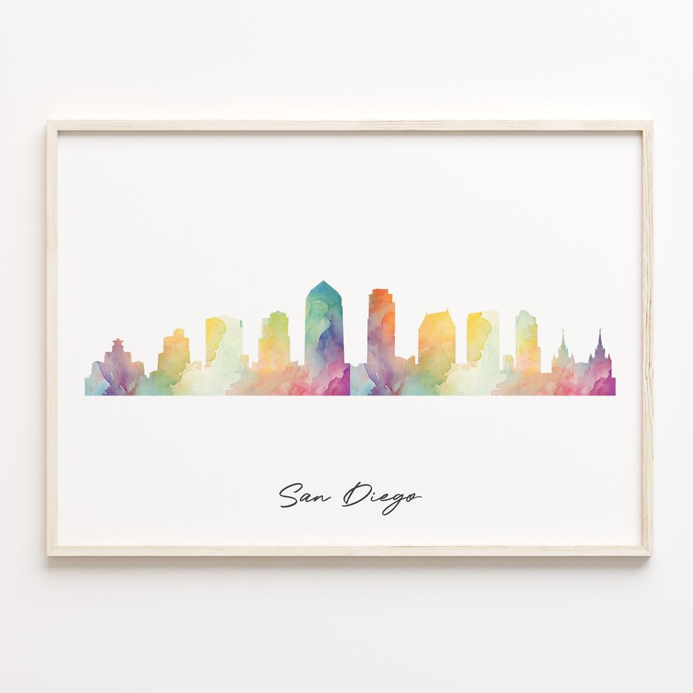 San Diego Skyline Print, Watercolor Cityscape, United States Wall Art Poster, Cityscape Minimalist Wall Art