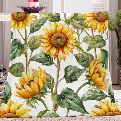 Abstract Art Plant Sunflower Throw Blanket Twin 40" x 50" Non Shedding Lightweight Green Fleece Blankets Room Decor Super Soft Warm for Adults Kids Girl Gifts, Throw Blanket for Bed Couch Bedroom Sofa