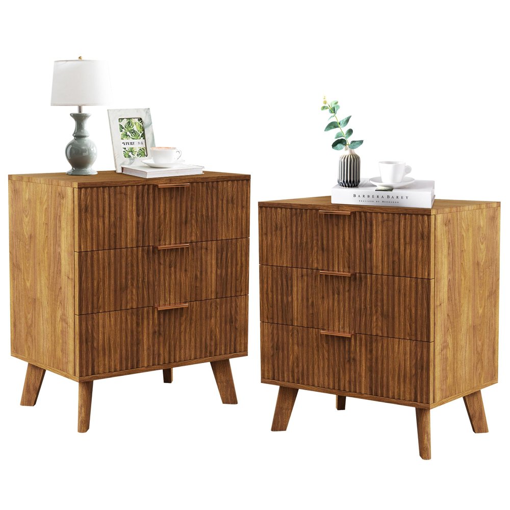 affeivul Mid Century Modern Dresser, 3 Drawer Dresser for Bedroom Wood, 3 Drawer Nightstand Set of 2, Storage Cabinet Side Table with Solid Wood Legs, Small End Table for Closet, Living Room (Walnut)