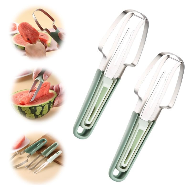 3-in-1 Watermelon Fork Slicer Cutter, 2024 New Stainless Steel Watermelon Windmill Cutter, 3 In 1 Summer Watermelon Cutting Tool Fork Slicer Knife Set for Kitchen, Camping, picnicking(Green 2pcs)