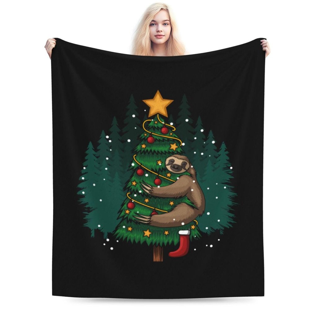 BASTU Sloth Hugging Christmas Tree Throw Blanket for Men Women Couch Bed Sofa Throw Blanket 60""x50"" Blankets, Black