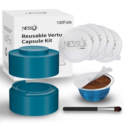 Nessus Reusable Vertuo Capsule Kit, [ALSeal EZ FIT] for Refillable Pods with 100 Pcs Aluminum Foil Seal Lids, Holder, Brush, for Refilling Vertuo Pods Reusable Vertuoline Pod(Blue)