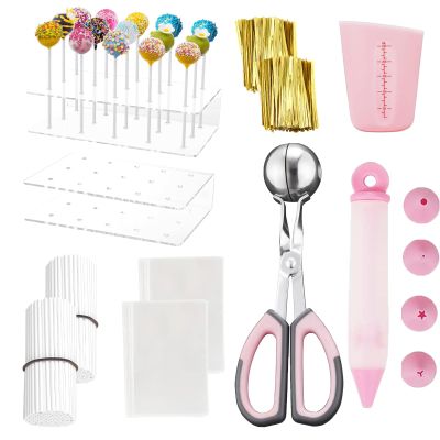SULICRE 605Pcs Cake Pop Kit, Including Lollipop Sticks,Measuring Cup,Treat Bags,Twist Ties,Decorating Pen,Meat Baller with Handles and Display Stand Holder, Cake Pop Maker Set for Candies Chocolates