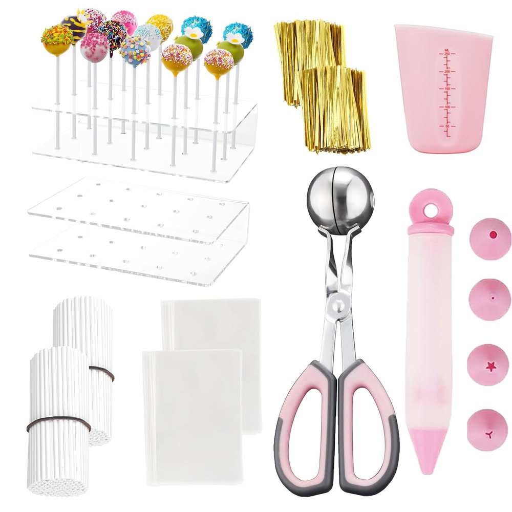 SULICRE 605Pcs Cake Pop Kit, Including Lollipop Sticks,Measuring Cup,Treat Bags,Twist Ties,Decorating Pen,Meat Baller with Handles and Display Stand Holder, Cake Pop Maker Set for Candies Chocolates