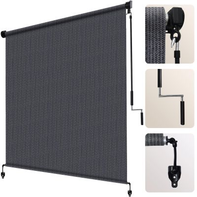 Artpuch Outdoor Roller Shade 8' W x 8' H, Blue Gray Exterior Cordless Patio Shades Roll Up Blinds with Spliced Pole Design, (2 Poles, One-Piece Fabric)