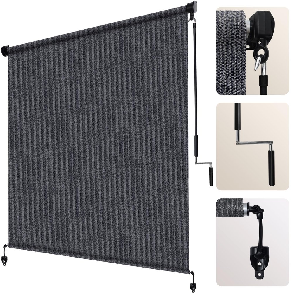 Artpuch Outdoor Roller Shade 8' W x 8' H, Blue Gray Exterior Cordless Patio Shades Roll Up Blinds with Spliced Pole Design, (2 Poles, One-Piece Fabric)