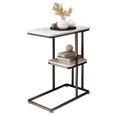 2-Tier Metal End Table, C Shaped Sofa Side Table with Marble Tabletop Tray, Modern Coffee Table Snack Beside Table for Living Room, Hallway