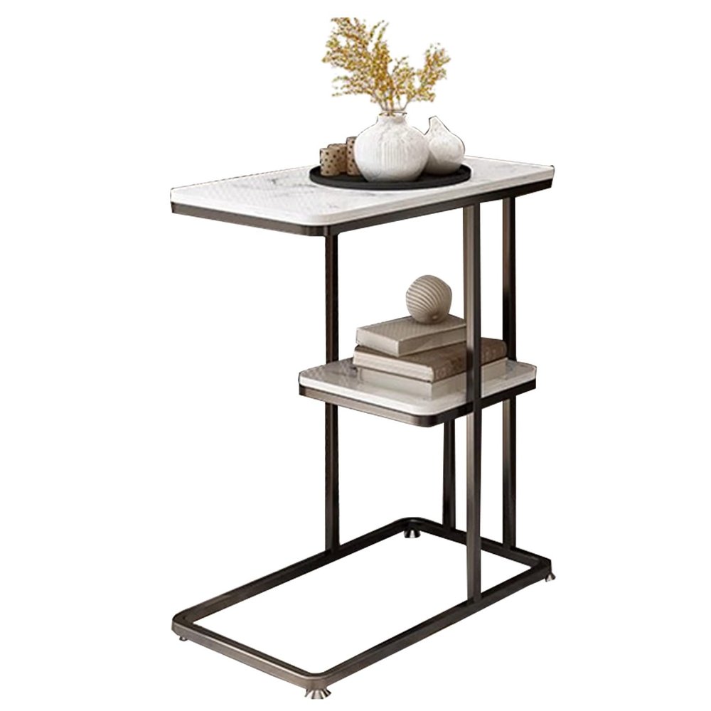 2-Tier Metal End Table, C Shaped Sofa Side Table with Marble Tabletop Tray, Modern Coffee Table Snack Beside Table for Living Room, Hallway