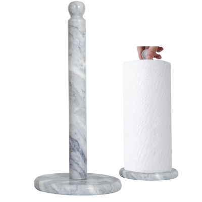 Natural Marble Paper Towel Holder for Kitchen Countertop - 2.6 lbs (1.2kg) Heavy Duty Weighted Base for One-Handed Tearing - Fits Jumbo Rolls - Elegant Modern Design with Ball Top - White & Grey