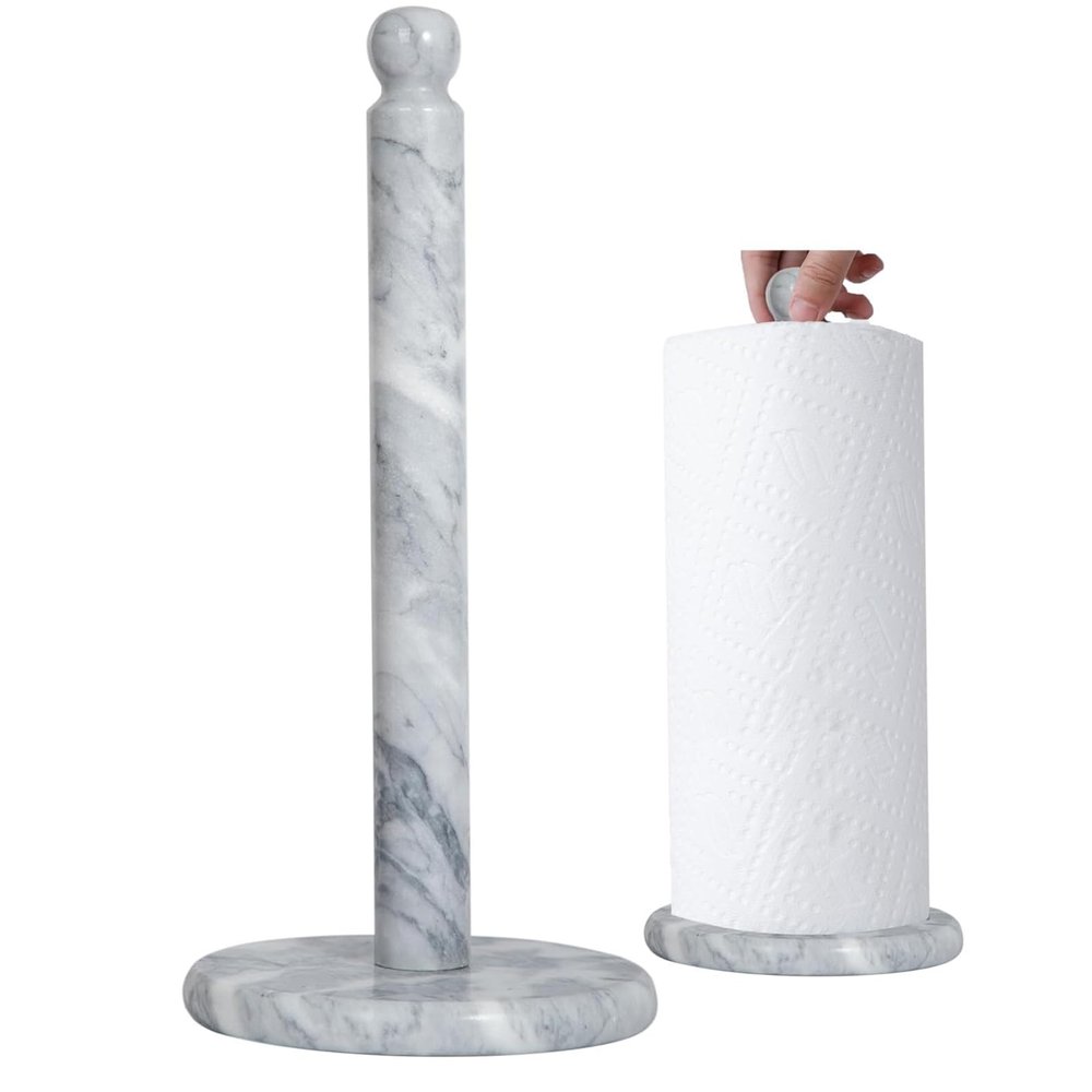 Natural Marble Paper Towel Holder for Kitchen Countertop - 2.6 lbs (1.2kg) Heavy Duty Weighted Base for One-Handed Tearing - Fits Jumbo Rolls - Elegant Modern Design with Ball Top - White & Grey