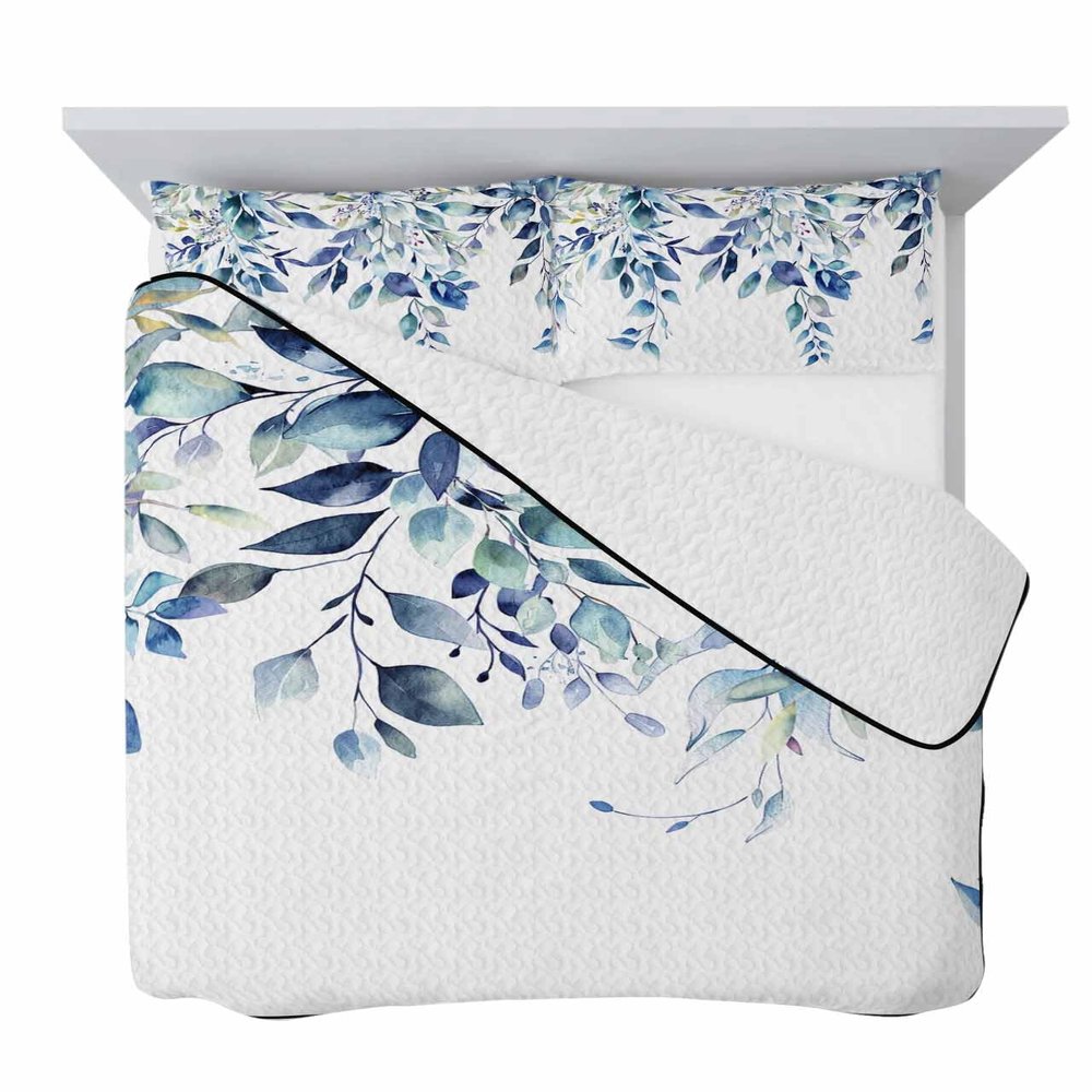 Quilts Full Size Floral Eucalyptus Leaves Soft Comforter Bedding Set for Bed, Blue Flower Country Lightweight Quilte Bedspread with Pillow Cover(2 Pieces) for All Season, 78x90 Inch