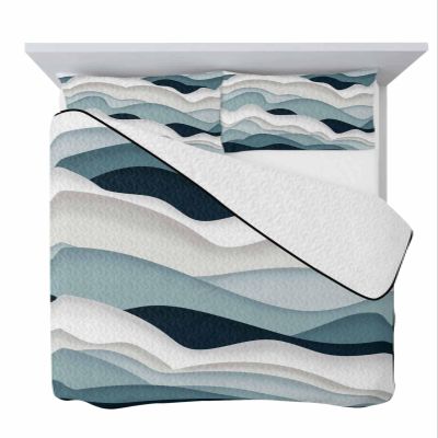 Quilts Twin Size Blue Gray Gradient Geometric Soft Comforter Bedding Set for Bed, Ocean Waves Abstract Lightweight Quilte Bedspread with Pillow Cover(2 Pieces) for All Season, 68x86 Inch