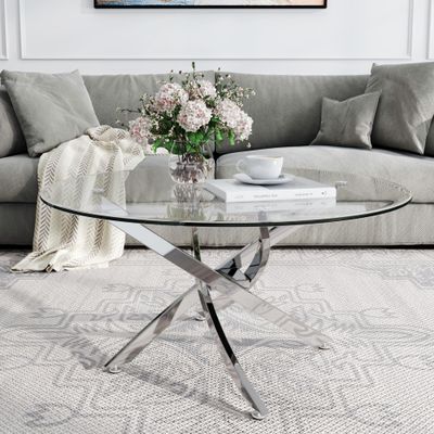 AF ARTISAN FURNITURE Round Glass Coffee Table with Clear Tempered Glass & Mirror Stainless Steel Legs, Luxury 35.4" Pedestal Center Table Coffee Table for Living Room Bedroom Reception Room, Silver