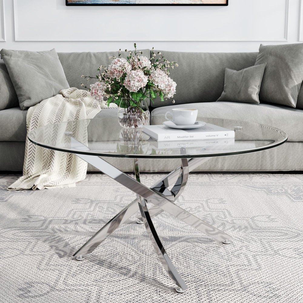 AF ARTISAN FURNITURE Round Glass Coffee Table with Clear Tempered Glass & Mirror Stainless Steel Legs, Luxury 35.4" Pedestal Center Table Coffee Table for Living Room Bedroom Reception Room, Silver
