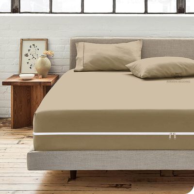 Microfiber 3 Pcs Zipper Fitted Sheet Queen Size, Include 1 Zipper Fitted Sheet (60X80) 18" Inch Deep Pocket with 2 Pillowcase (20X30) Soft and Easy to Put - Taupe Color