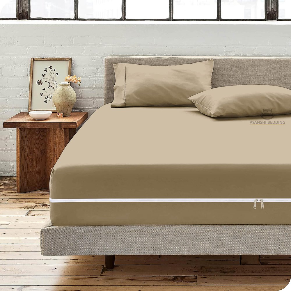 Microfiber 3 Pcs Zipper Fitted Sheet Queen Size, Include 1 Zipper Fitted Sheet (60X80) 18" Inch Deep Pocket with 2 Pillowcase (20X30) Soft and Easy to Put - Taupe Color