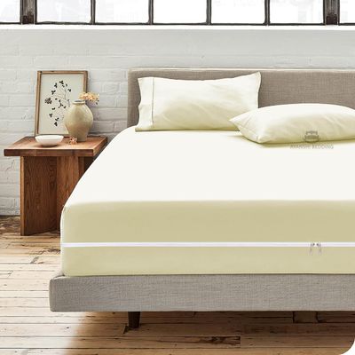 Microfiber 3 Pcs Zipper Fitted Sheet Queen Size, Include 1 Zipper Fitted Sheet (60X80) 18" Inch Deep Pocket with 2 Pillowcase (20X30) Soft and Easy to Put - Ivory Color