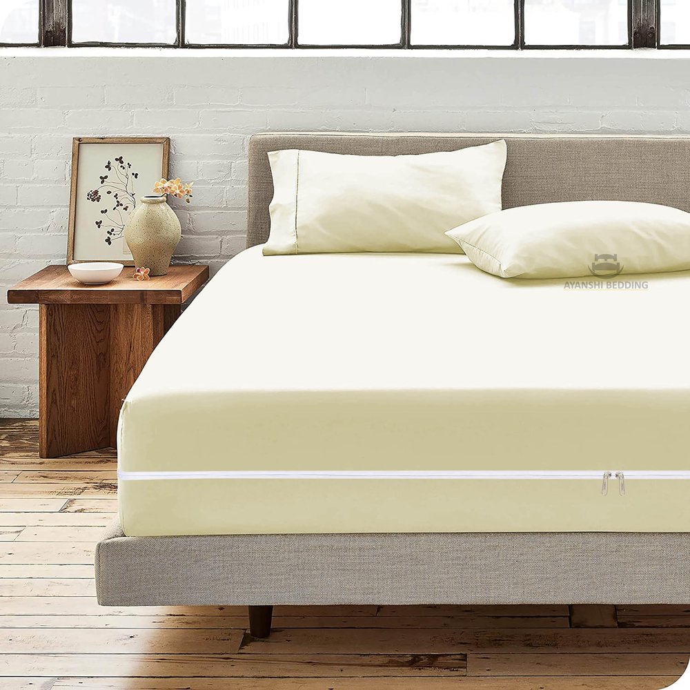 Microfiber 3 Pcs Zipper Fitted Sheet Queen Size, Include 1 Zipper Fitted Sheet (60X80) 18" Inch Deep Pocket with 2 Pillowcase (20X30) Soft and Easy to Put - Ivory Color