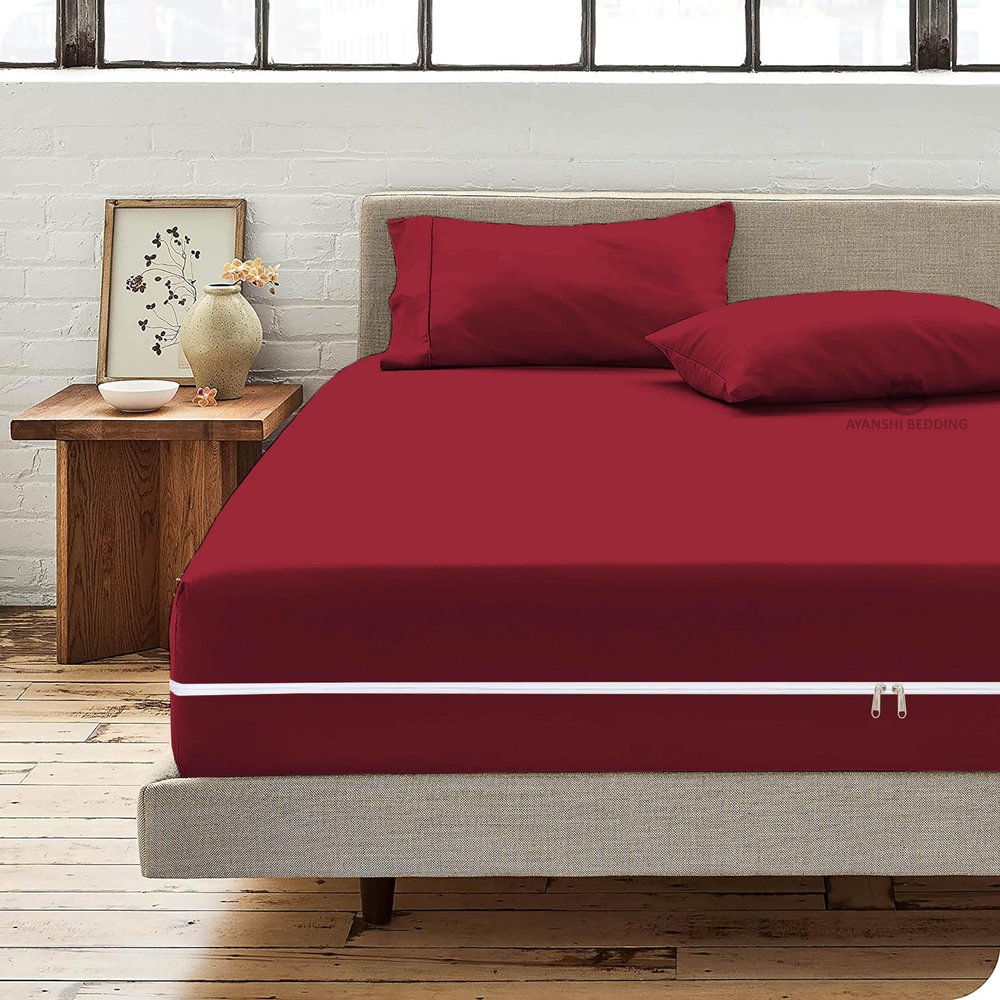 Microfiber 3 Pcs Zipper Fitted Sheet Twin Size, Include 1 Zipper Fitted Sheet (39X75) 10 "Inch Deep Pocket with 2 Pillow Cover (20X30) Soft and Easy to Put - Burgundy Color