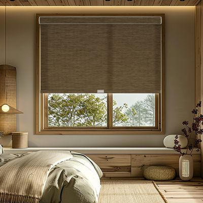 HOTSOON Light Filtering Wood Texture Roller Shades for Windows, Imitation Bamboo Fabric Cordless Roller Blinds, UV Protection Easy to Install Window Shades for Home, Door, Brown, 59" W x 86" H