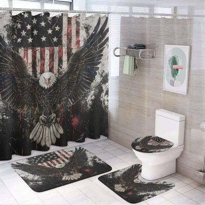 Brebasf Abstract Oil Painting Bald Eagle Shower Curtain Set Decorative Rustic Independence Day American Flag Eagle 4 Piece Shower Curtain, Toilet Cover, U-Mat, Floor Mat