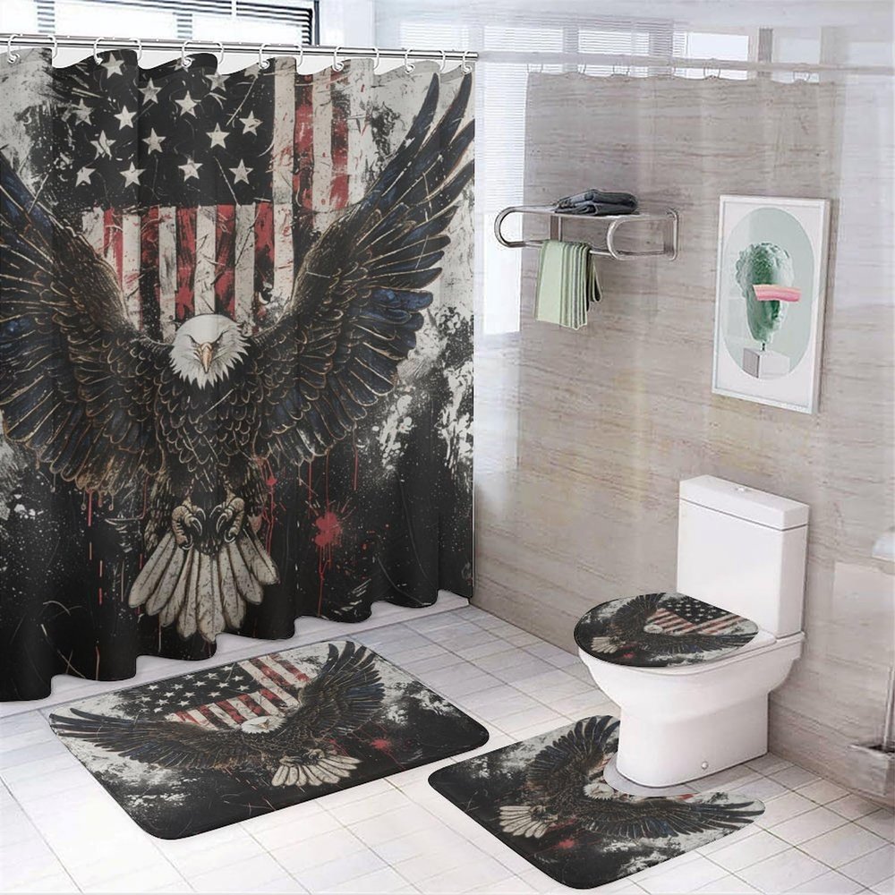 Brebasf Abstract Oil Painting Bald Eagle Shower Curtain Set Decorative Rustic Independence Day American Flag Eagle 4 Piece Shower Curtain, Toilet Cover, U-Mat, Floor Mat