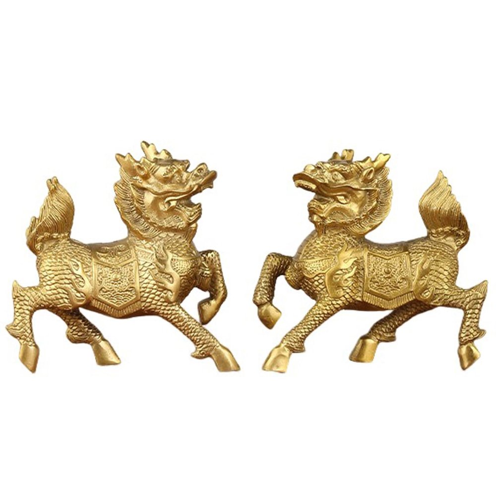 A Pair of Feng Shui Fire Kylin Statues, Brass Chi-Lin Kirin Ornaments Chinese Unicorn Wealth Prosperity Figurine Attract Wealth and Good Luck,16CM